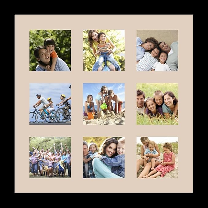 ArtToFrames Collage Photo Frame Single Mat with 9-4x4 Openings with Satin Black Frame and Scotch Mist mat.