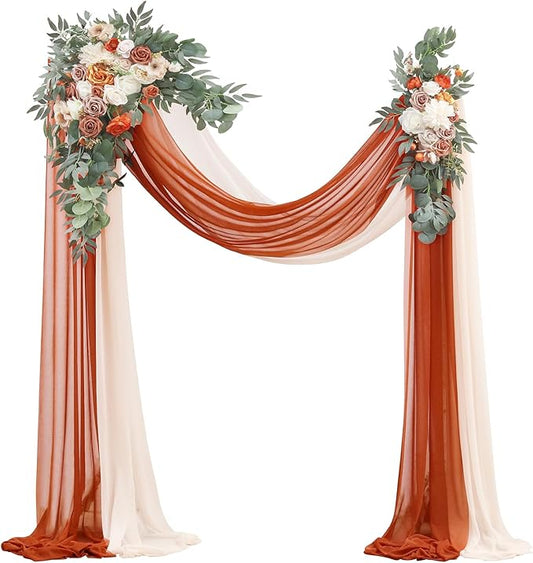 Floroom Arch Flowers with Drapes Kit (Pack of 4) - 2pcs Artificial Terracotta & Cream Floral Swag Arrangement with 2pcs Draping Fabric for Wedding Ceremony Arbor and Reception Backdrop Decoration
