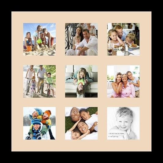 ArtToFrames Collage Photo Frame Single Mat with 9-4x4 Openings with Satin Black Frame and French Creme mat.