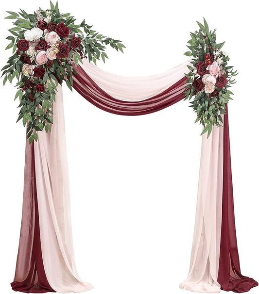 Floroom Arch Flowers with Drapes Kit (Pack of 4) - 2pcs Artificial Burgundy & Blush Floral Swag Arrangement with 2pcs Draping Fabric for Wedding Ceremony Arbor and Reception Backdrop Decoration