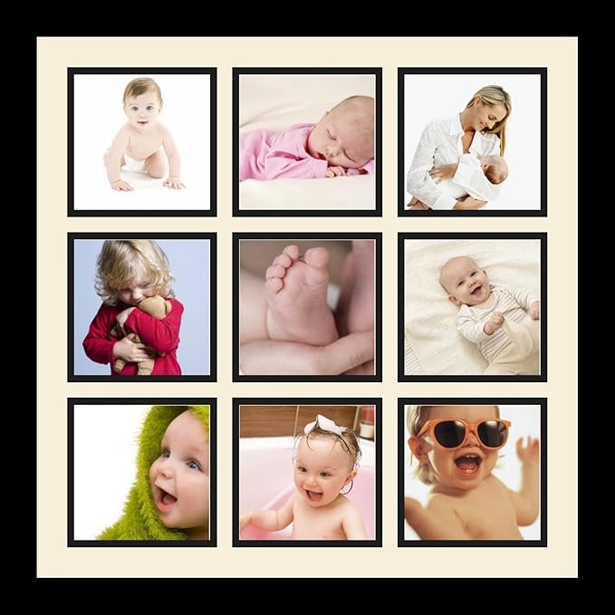 ArtToFrames Collage Photo Frame Single Mat with 9-5x5 Openings with Satin Black Frame and Candlewick mat.