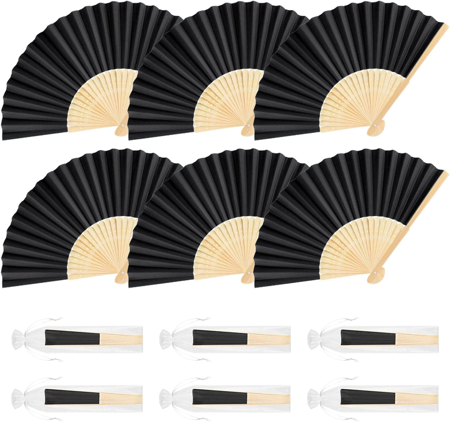 6 Pieces Black Hand Held Bamboo Folding Fans Foldable Paper Fans Handheld for Women Girls Wedding DIY Decoration Church Home Party Favors Summer