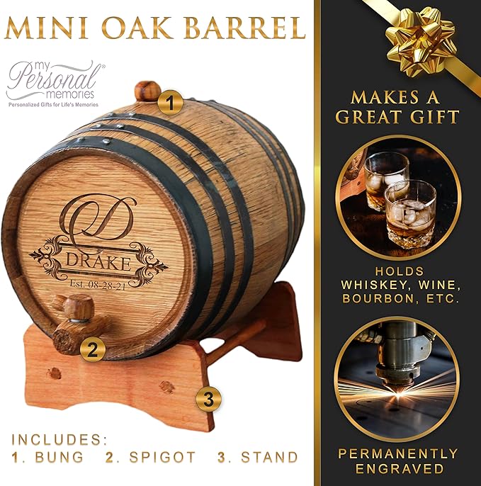 My Personal Memories Personalized Whiskey Barrel - Engraved Wine Barrel - Custom Oak Mini Cask - Fancy Design (1 Liter Barrel)