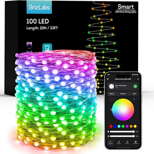 BrizLabs Smart Christmas Fairy Lights, 33ft 100 LED Color Changing Christmas Lights Work with Alexa & Google Home, Rainbow Xmas Light Dimmable Xmas Tree Lighting Green Wire for Xmas Halloween Party