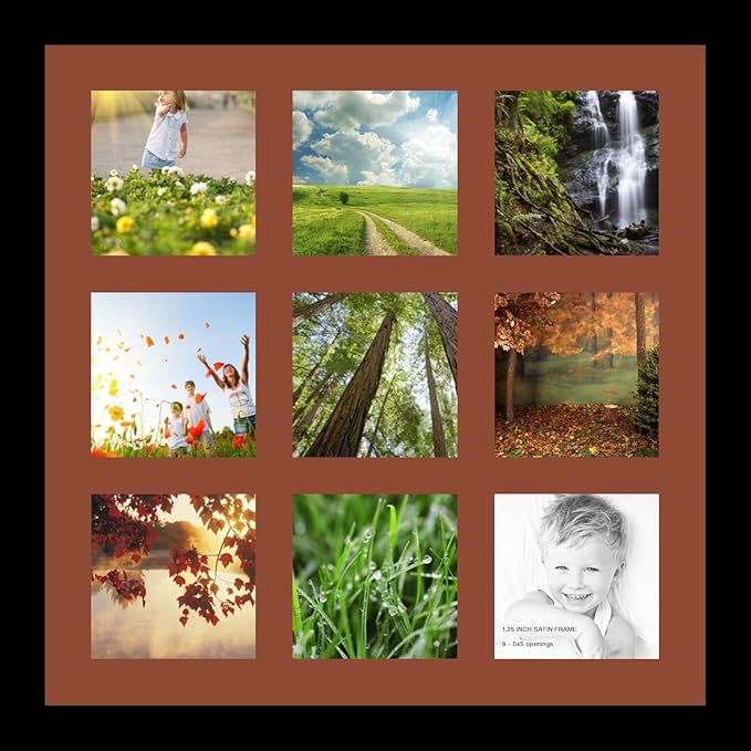 ArtToFrames Collage Photo Frame Single Mat with 9-5x5 Openings with Satin Black Frame and Cognac mat.