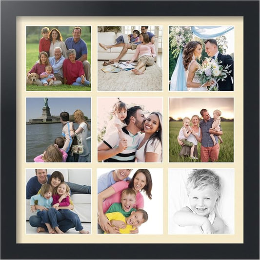 ArtToFrames Collage Photo Frame Single Mat with 9-5x5 Openings with Satin Black Frame and Cream mat.