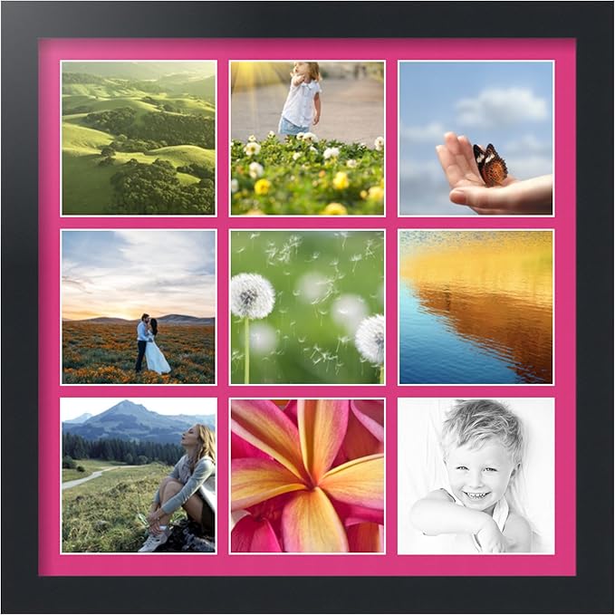 ArtToFrames Collage Photo Frame Single Mat with 9-5x5 Openings with Satin Black Frame and Tulip mat.