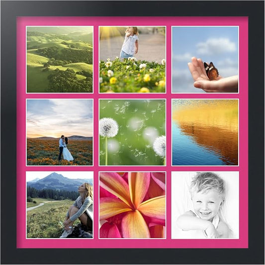 ArtToFrames Collage Photo Frame Single Mat with 9-5x5 Openings with Satin Black Frame and Tulip mat.