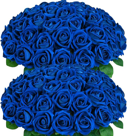 BLEUM CADE 50 Pcs Blue Roses Artificial Flowers, Real Touch Velvet Roses Bouquet Fake Flowers Bulk, Artificial Roses with Long Stems for Valentines Day Gift DIY Bridal Wedding Centerpiece Decorations