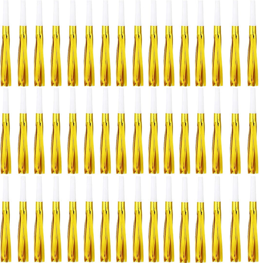48 Pcs Gold Noise Makers Glitter Metallic Fringed Noise Makers Horns for Baby Shower, Kids Birthday, New Year Party Favor - Gold