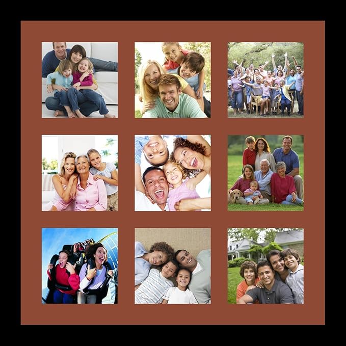 ArtToFrames Collage Photo Frame Single Mat with 9-5x5 Openings with Satin Black Frame and Cognac mat.