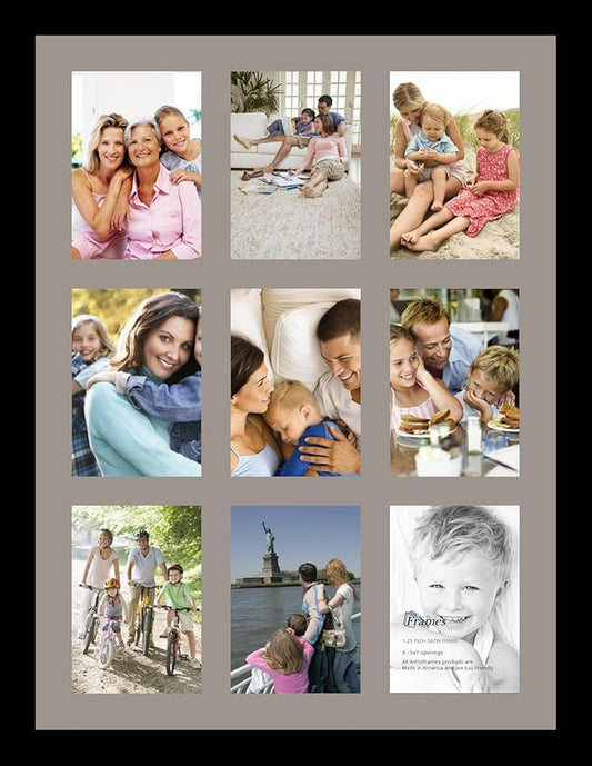ArtToFrames Collage Photo Frame Single Mat with 9-5x7 Openings with Satin Black Frame and TV Grey mat.
