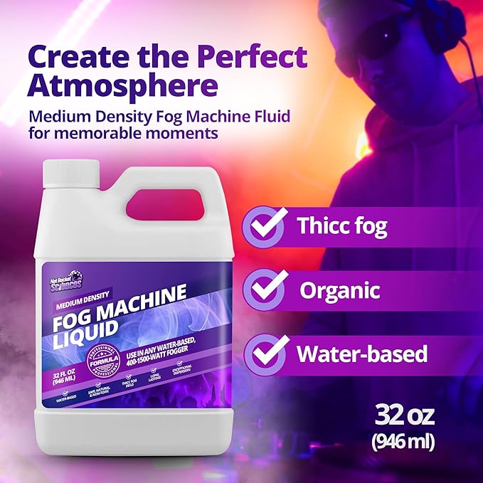 Fog Machine Liquid - 32oz Smoke Machine Fog Juice for Halloween Party, Medium Density, Long-Lasting, Low-Lying, High Output, Water-Based.