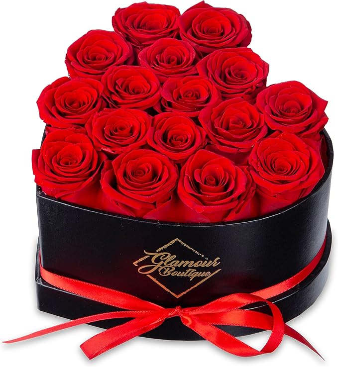 GLAMOUR BOUTIQUE 16 Flower Forever Heart Shape Box, Eternal Preserved Roses Gift for Her, Lasting Flowers, Romantic Floral Keepsake for Birthday, Anniversary or Valentine’s Day, Red (Color-Treated)