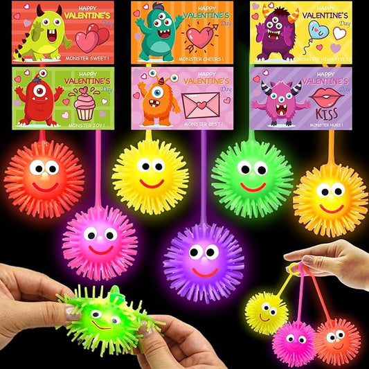 24 Pack Valentines LED Puffy Ball Toys ,Valentines Day Gifts with Valentine Cards Flashing Spiky Ball Toys Bulk Stress Relief School Classroom Prizes for Kids Boy Girl Exchange Gifts Party Favors