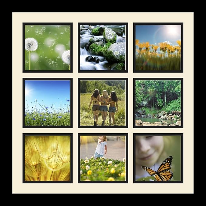 ArtToFrames Collage Photo Frame Single Mat with 9-5x5 Openings and Satin Black Frame.
