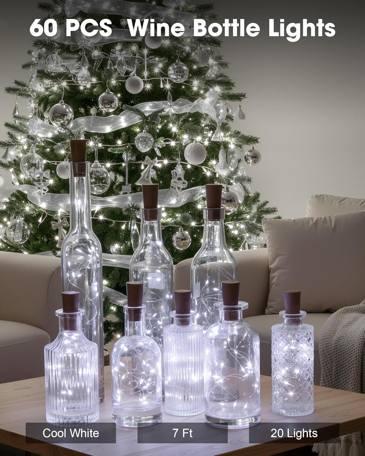 Hortsun 60 Pack Wine Bottle Lights with Cork Fairy Mini String Lights Battery Operated Mini Waterproof 7 ft Silver Wire 20 Led Cork Shape for Christmas, DIY, Party, Decor, Wedding, Bar(Cool White)