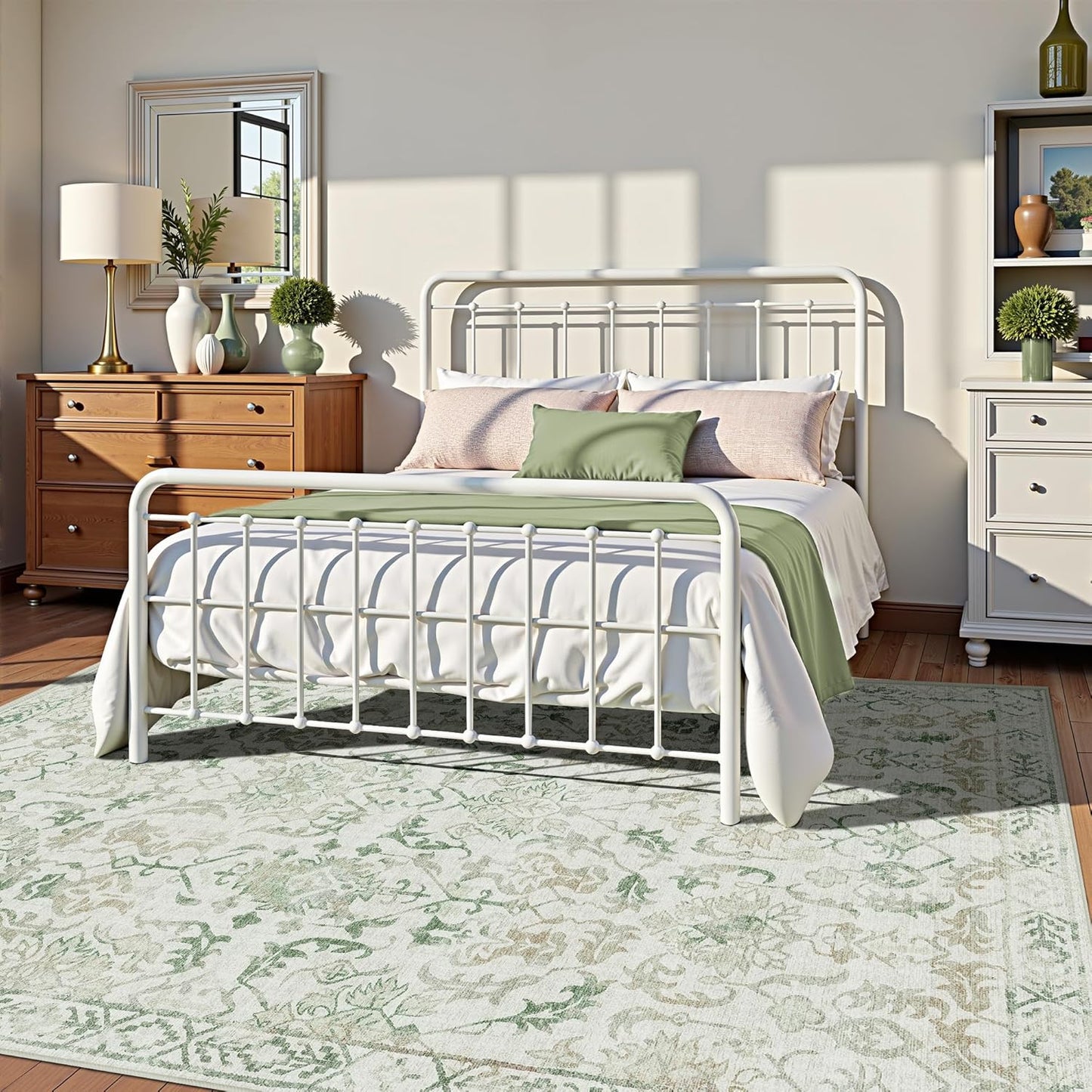 Green Vintage Area Rug 5x7 for Living Room Bedroom, Washable Distressed Farmhouse Soft Thin Non-Shedding Indoor Throw Rug, Traditional Accent Carpet for Bedroom Office