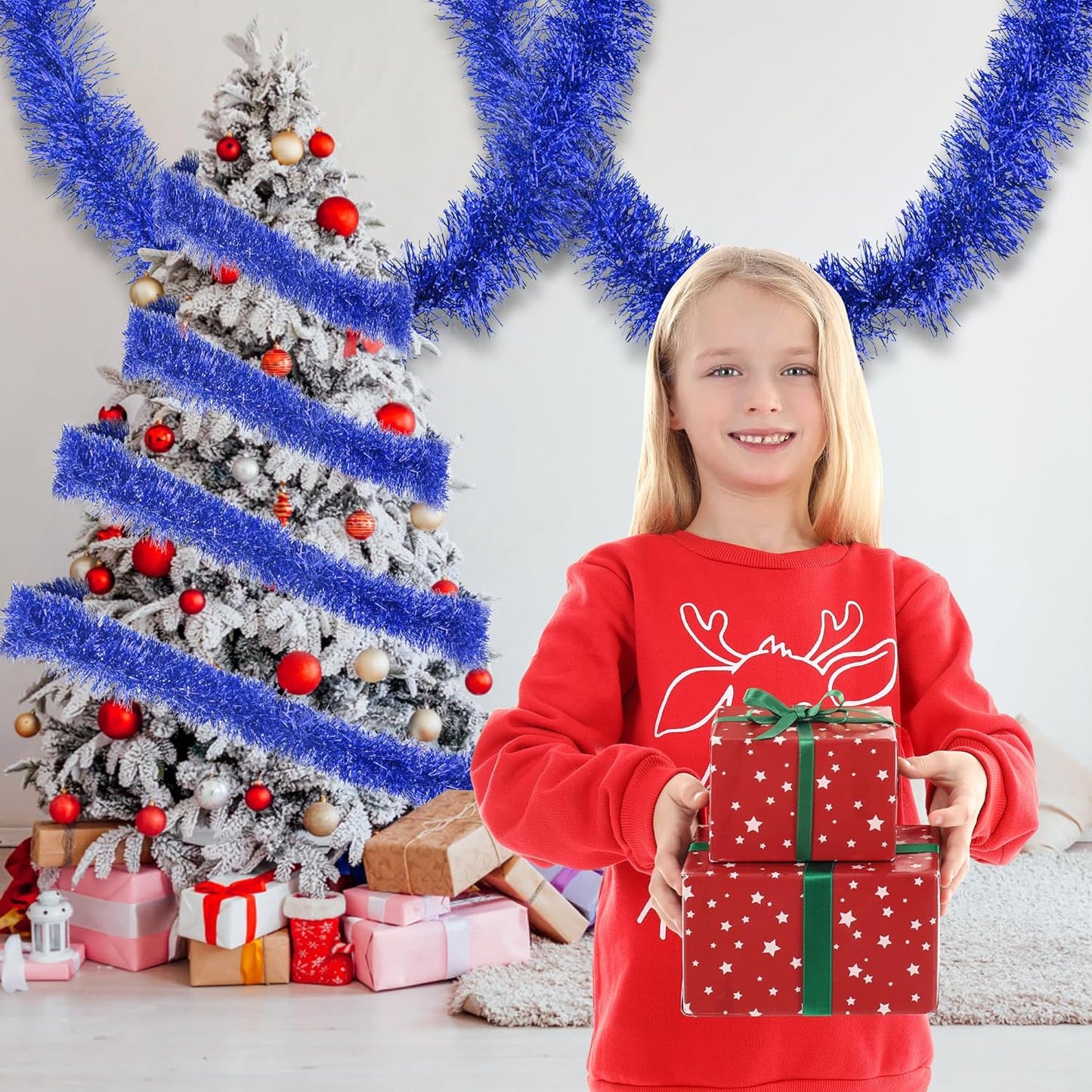 32.8 Ft Blue Christmas Tinsel Garland Metallic Shiny Tassle Banner Wall Hanging Tinsel Streamers Backdrop for Christmas Holiday Birthday Party Supplies Indoor Outdoor Ornaments Home Decor