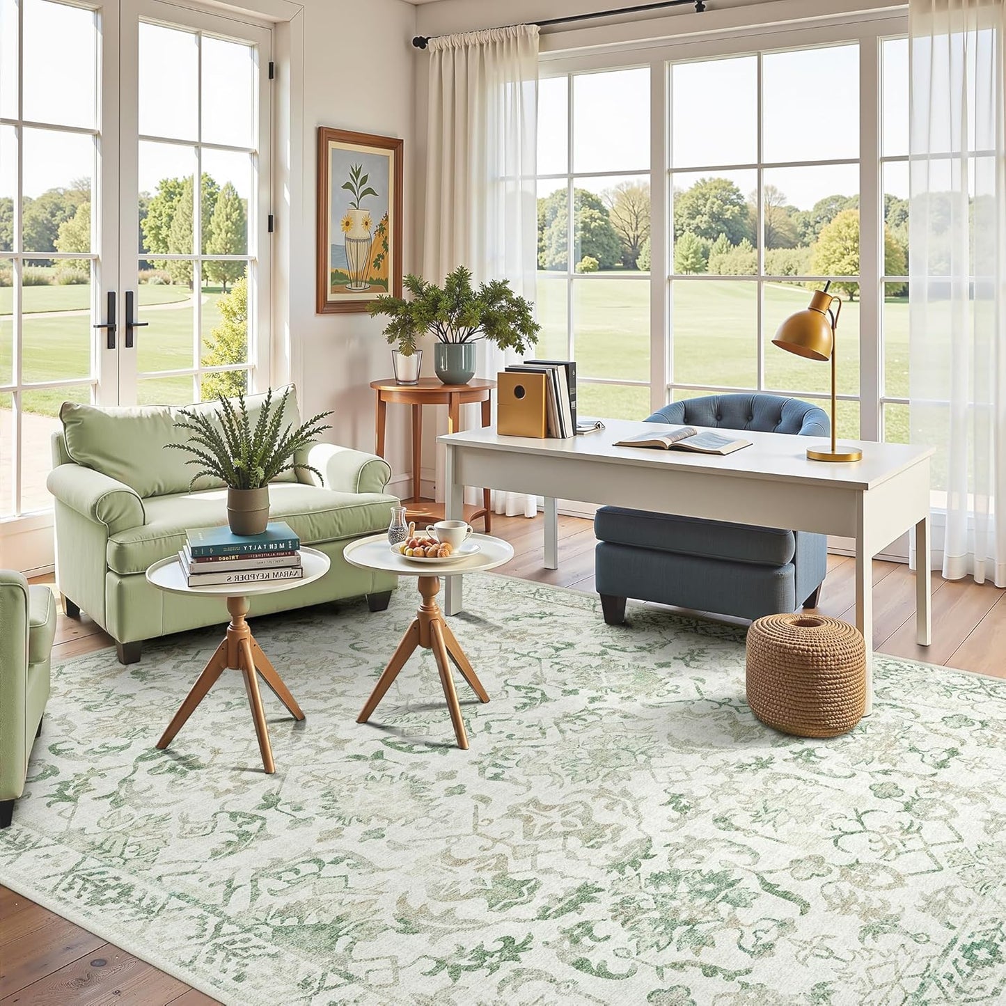 Green Vintage Area Rug 5x7 for Living Room Bedroom, Washable Distressed Farmhouse Soft Thin Non-Shedding Indoor Throw Rug, Traditional Accent Carpet for Bedroom Office
