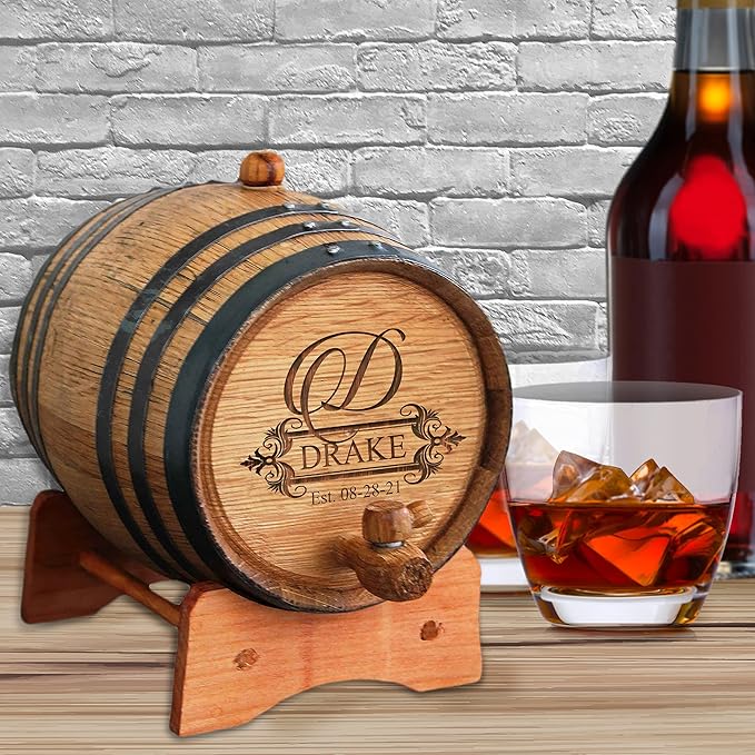 My Personal Memories Personalized Whiskey Barrel - Engraved Wine Barrel - Custom Oak Mini Cask - Fancy Design (1 Liter Barrel)